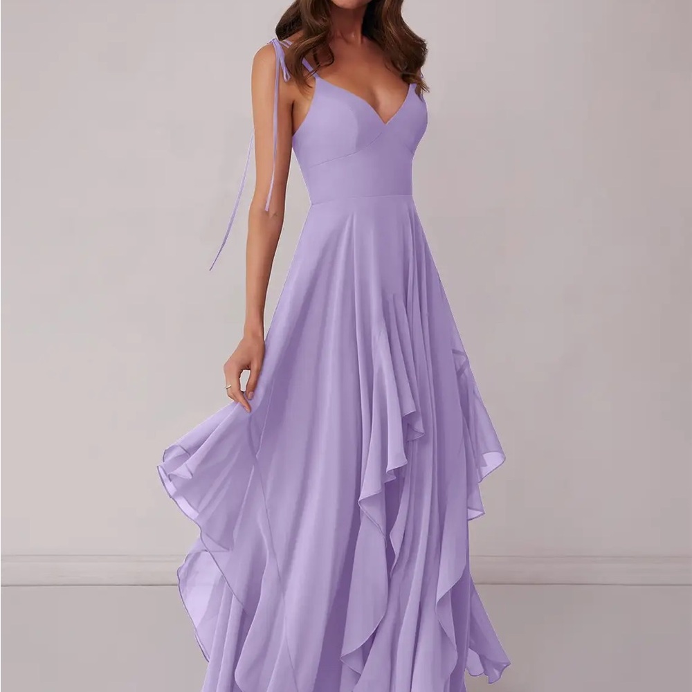 Lavender Tie-Strap Ruffle Maxi Bridesmaid Dress